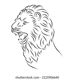 Lion head, statue. Vector antique logo. Ancient greek or roman style elements. Contour lion head with mane isolated on white background. Hand drawing of lion's head in antique style. Line art
