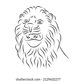 Lion head, statue. Vector antique logo. Ancient greek or roman style elements. Contour lion head with mane isolated on white background. Hand drawing of lion's head in antique style. Line art