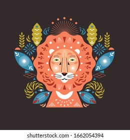 Lion head stylized illustration. Greeting or invitation card. Banner, poster , flyer template. Birthday card. Flat ornamental design, cover design
