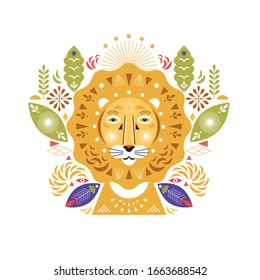 Lion head stylized illustration. Greeting or invitation card. Banner, poster , flyer template. Birthday card. Flat ornamental design, cover design