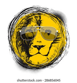 Lion head with sun glasses. Hand drawn. Vector background. Vector illustration