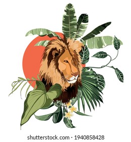Lion head surrounded by tropical plants leaves composition, color illustration on white background.