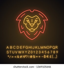 Lion head symbol neon light icon. Leo king. Lion shield logo. Element for the brand identity. Glowing sign with alphabet, numbers and symbols. Vector isolated illustration