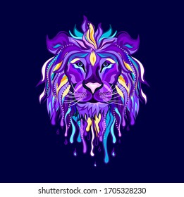 Lion head tattoo. Abstract, multi-colored portrait of a lion's head on a dark blue background in pop-art style.