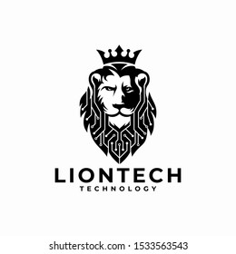 Lion Head Technology Logo Design Vector Illustration