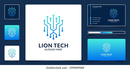 Lion head technology logo design and business card template.