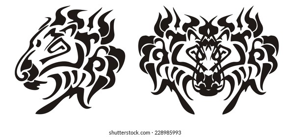 Lion head in tribal style. Black on the white