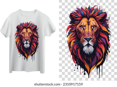 Lion Head T-shirt Design With Flowers Splash, Illustration Vector Art, Watercolor Illustration