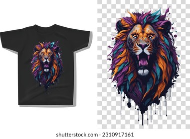 Lion Head T-shirt Design With Flowers Splash, Illustration Vector Art, Watercolor Illustration