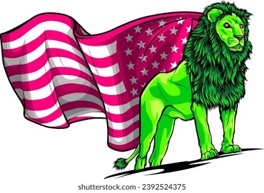Lion head with USA flag. Hand drawn. Grunge vector illustration