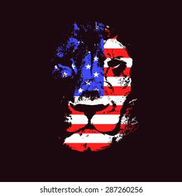 Lion head with USA flag. Hand drawn. Grunge vector illustration