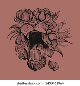 Lion head vector illustration with flowers. T-shirt print design. - Vector.
