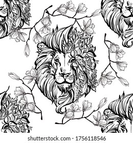 Lion head vector illustration with flowers. T-shirt print design. Fashion vector illustration. Seamless pattern with stylized lions. Surface animalistic background. Fun illustration for fabric. 