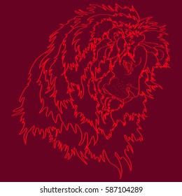     lion head , vector illustration ,  red  coloring on a  burgundy  background