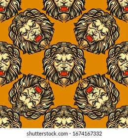 Lion head vector illustration.  Seamless pattern with stylized lions. Surface animalistic background. Fun illustration for fabric. - Vector