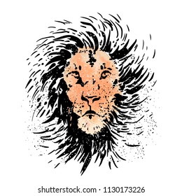 Lion head vector. Ink brush drawing wild animal head. Logo design.