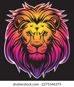 Lion head vector line art illustration isolated on dark background. Lion face and mane logo design.