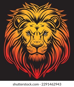 Lion head vector line art illustration isolated on dark background. Lion face and mane logo design.