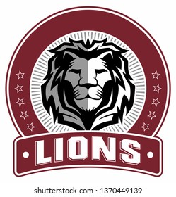 Lion head vector logo, badge, sticker, emblem with circle ring frame.