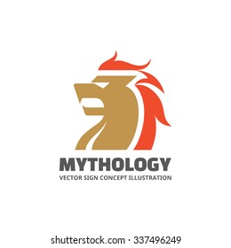 Lion head - vector logo template concept illustration. Dragon head graphic sign. Mythology animal. Heraldic symbol. Design element.