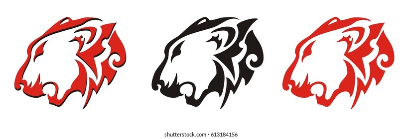 Lion head vector - three options. Stylization of the growling lion in red-black colors