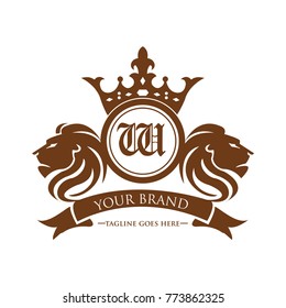 lion head W logotype with crown vector - gold color