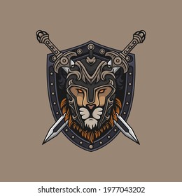 Lion head warrior with shield and swords
