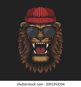 Lion Head wearing hat and eyeglasses vector illustration for your company or brand