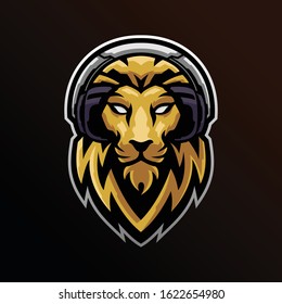 Lion head wearing headset esport logo template