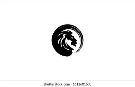 Lion head in zen brush stroke in flat minimal logo design icon