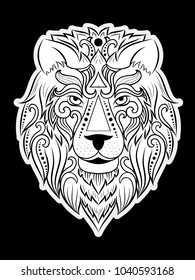 lion head Zentangle style, sticker design isolated on black background. Hand Drawn Black color, Vintage sketch for tattoo design - vector illustration