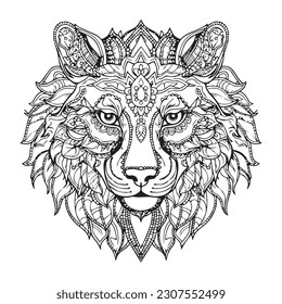 A lion headline art coloring book page vector illustration.