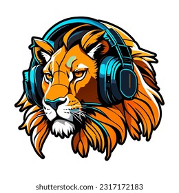 Lion headphone mascot design vector. Vector lion head with headphones logo on white background.