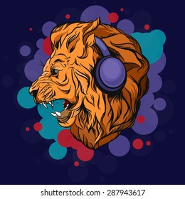 Lion with headphones listen to music. Vector illustration for your design. Animal on colour background. Logo of lion face, lion head.
