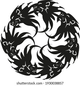 Lion heads circle on white. Flaming lion heads formed a circle for sports emblems, logos, tattoos, prints, embroidery, engraving, textiles, web icons, vinyl cutting, etc. Black on White