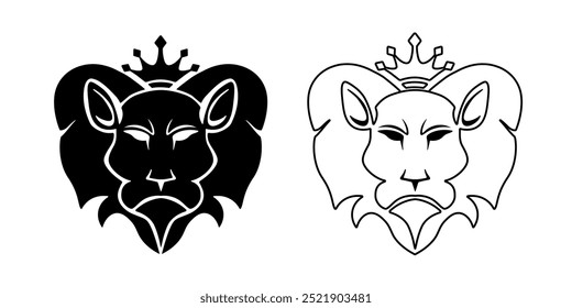 Cabeças de leão com coroa. Leo emblemas pretos. Tatuagem escura de luxo. Contorno preto real.