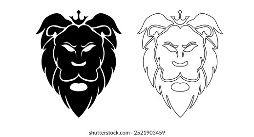 Cabeças de leão com coroas. Leo emblemas pretos. Tatuagem escura de luxo. Contorno preto real.