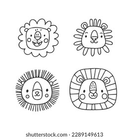 Lion heads set. Funny vector character drawing. 