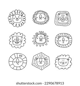 Lion heads set. Funny vector character drawing. 