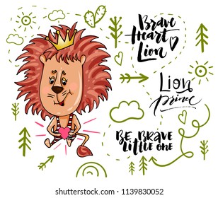 Lion with heart. Children  vector illustrations set with handwritten lettering.  