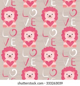 Lion with heart seamless pattern. Hand drawn design for Valentines Day and Birthday greeting cards, fabric, wrapping paper, invitation, stationery. 