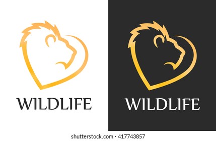 Lion with Heart Shape. Symbol of Love to Wild Nature. Vector Logo isolated on white and black background.