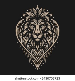 Lion Heart Totem, tattoo art, spiritual animal, Lion, brave, warrior, courage, vector, art, native