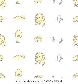 Lion, hedgehog and nature seamless pattern, doodles, wallpaper, print, art