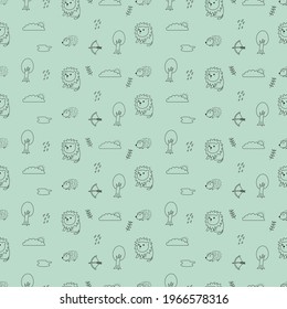 Lion, hedgehog and nature seamless pattern, doodles, wallpaper, print, art