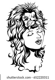 Lion helmet with beautiful girl tattoo.Neo Traditional Tattoo style ,the girl in the mask of a lion and flower, Native American Girl with lion helmet Lineart old school tattoo.