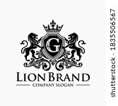 Lion heraldry emblem modern line style with a shield and crown - vector illustration
