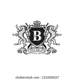 Lion heraldry emblem modern line style with a shield and crown logo design