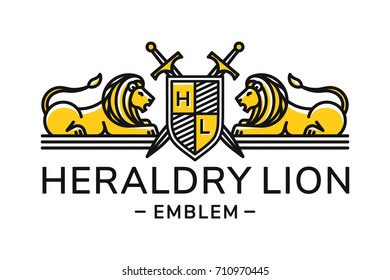 Lion heraldry emblem modern line style with a shield and sword - vector illustration, logo design on white background