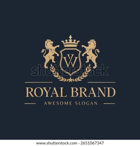 Lion heraldry modern style with a shield and crown logo template Premium Vector